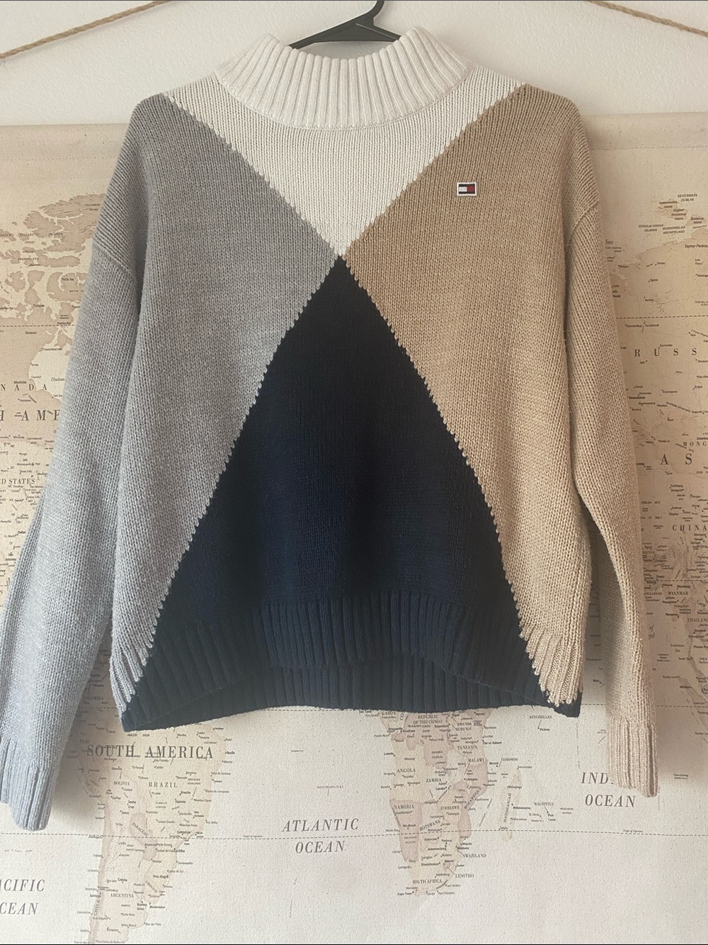 Tommy Hilfiger Geometric Colorblock Turtleneck Sweater - Cream, Gray, Tan, Navy